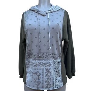 Perfect Made In USA Hoodie Medium Olive Green Beige Paisley Waffle Long Sleeve